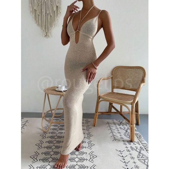 Beige Knit Coverup Dress Tie Straps Long Form Fitting Maxi Deep V-Cut - Picture 2 of 11